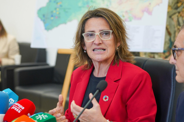Archivo - La vicepresidenta del Gobierno y ministra para la Transición Ecológica y el Reto Demográfico, Teresa Ribera, tras una reunión para abordar la versión final del plan hidrológico de la cuenca del Guadalquivir a 28 de abril del 2022 en Sevilla.