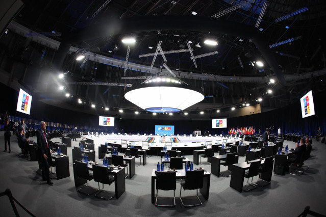 Plenario vacío minutos antes del comienzo de la Cumbre de la OTAN 2022 en el Recinto Ferial IFEMA MADRID