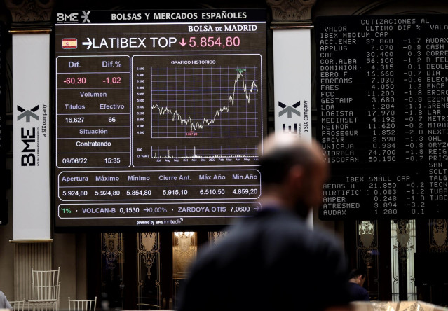 Un hombre frente a un panel del Ibex 35, en el Palacio de la Bolsa, a 9 de junio de 2022, en Madrid (España). El 57% de las empresas del Ibex 35 son consideradas ‘transparentes’ de acuerdo con la información publicada en su web sobre su responsabilidad fi