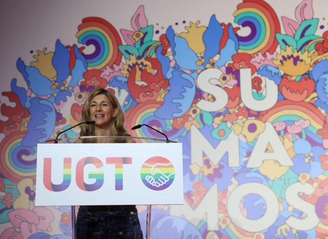 La vicepresidenta segunda y ministra de Trabajo y Economía Social, Yolanda Díaz, interviene en la inauguración del primer encuentro estatal LGTBI, en el Madrid Marriott Auditorium Hotel & Conference Center, a 5 de julio de 2022, en Madrid (España).