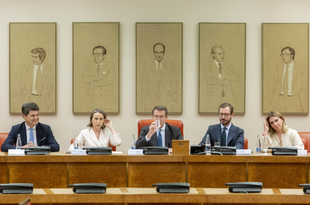 (I-D) El secretario General del Grupo Popular en el Congreso, Carlos Rojas; la secretaria general y portavoz del PP, Cuca Gamarra; el presidente del PP, Alberto Núñez Feijóo; el portavoz del PP en el Senado, Javier Maroto y la portavoz adjunta del PP en e