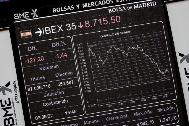 Un panel del Ibex 35, en el Palacio de la Bolsa, a 9 de junio de 2022, en Madrid (España).