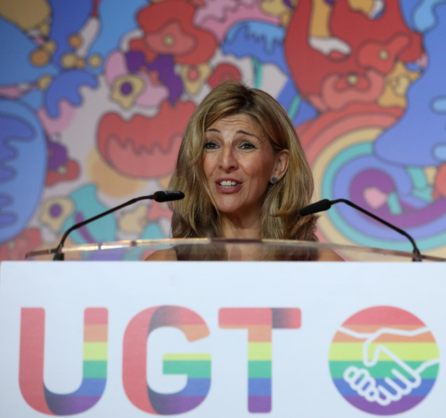 La vicepresidenta segunda y ministra de Trabajo y Economía Social, Yolanda Díaz, interviene en la inauguración del primer encuentro estatal LGTBI, en el Madrid Marriott Auditorium Hotel & Conference Center, a 5 de julio de 2022, en Madrid (España). El act