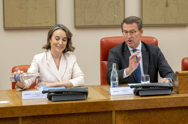 La secretaria general y portavoz del PP, Cuca Gamarra y el presidente del PP, Alberto Núñez Feijóo, durante una reunión en el Congreso de los Diputados, a 5 de julio de 2022, en Madrid (España).