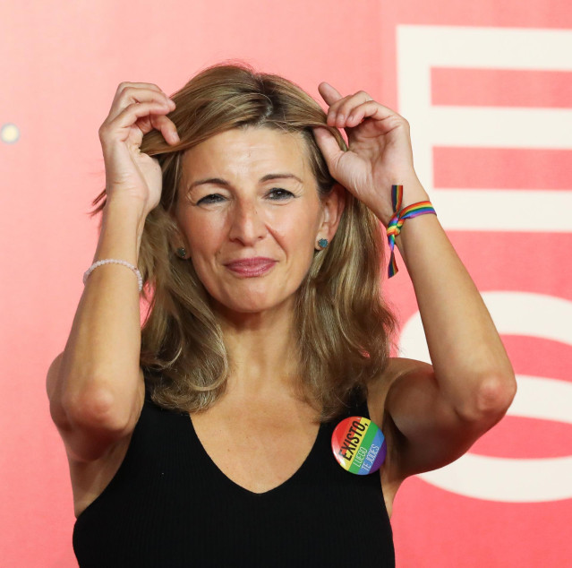 La vicepresidenta segunda y ministra de Trabajo y Economía Social, Yolanda Díaz, durante la inauguración del primer encuentro estatal LGTBI, en el Madrid Marriott Auditorium Hotel & Conference Center, a 5 de julio de 2022, en Madrid (España).