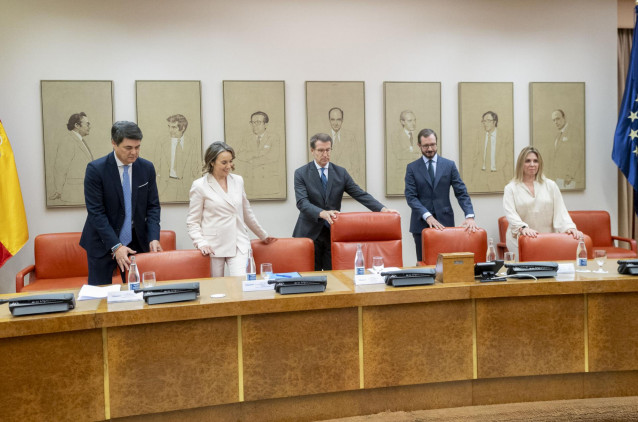 (I-D) El secretario General del Grupo Popular en el Congreso, Carlos Rojas; la secretaria general y portavoz del PP, Cuca Gamarra; el presidente del PP, Alberto Núñez Feijóo; el portavoz del PP en el Senado, Javier Maroto y la portavoz adjunta del PP en e