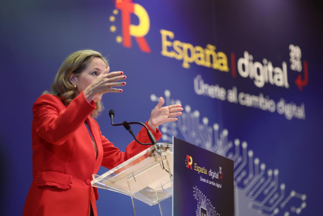 La vicepresidenta primera y ministra de Asuntos Económicos, Nadia Calviño, interviene en el acto ‘España Digital 2026’, a 8 de julio de 2022, en Madrid (España).