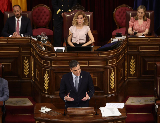 El presidente del Gobierno, Pedro Sánchez, interviene durante la primera jornada de la 26 edición del Debate sobre el Estado de la Nación, en el Congreso de los Diputados, a 12 de julio de 2022, en Madrid (España).