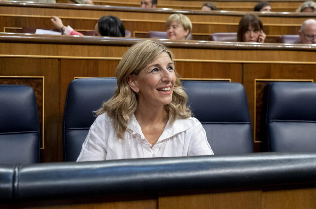 La vicepresidenta segunda y ministra de Trabajo y Economía Social, Yolanda Díaz, en la primera jornada de la 26 edición del Debate sobre el Estado de la Nación, en el Congreso de los Diputados, a 12 de julio de 2022, en Madrid (España).