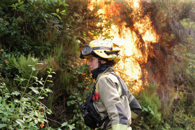 Agentes de las Brigadas de Refuerzo en Incendios Forestales (BRIF) realiza labores de extinción en las inmediaciones de un incendio, a 15 de julio de 2022, en Samos, Lugo, Galicia (España).