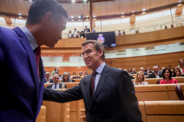 Archivo - El presidente del Gobierno, Pedro Sánchez (i), y el líder del PP, Alberto Núñez Feijóo (d), se saludan en una sesión plenaria en el Senado, a 7 de junio de 2022, en Madrid (España). Se trata del primer duelo parlamentario entre Sánchez y Feijóo,