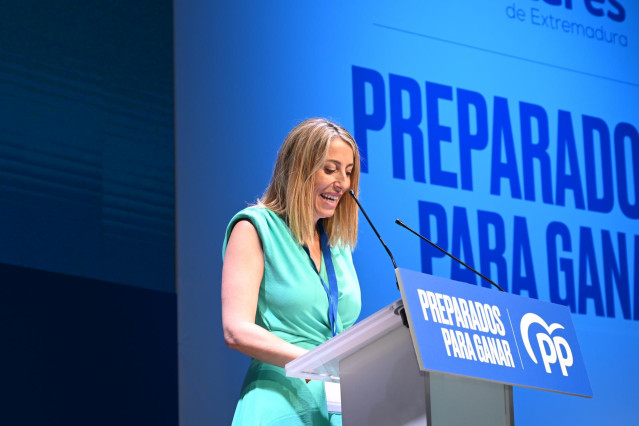 La nueva presidenta del Partido Popular Extremadura, María Guardiola, interviene en el XIII Congreso Regional del Partido Popular del pasado 16 de julio