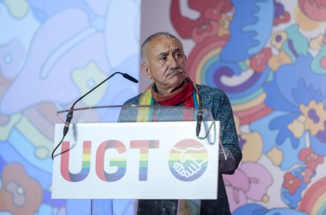 El secretario general de UGT, Pepe Álvarez, interviene en el acto de clausura de las 'Jornadas Confederales sobre Personas LGTBI en la Negociación Colectiva y el Diálogo Social', en el Hotel Marriott Auditorium, a 7 de julio de 2022, en Madrid (España). E