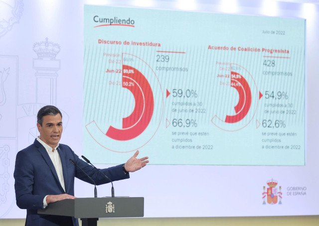 El presidente del Gobierno, Pedro Sánchez, presenta el primer informe de rendición de cuentas 2022 del Gobierno de España, en el Complejo de La Moncloa, a 29 de julio de 2022, en Madrid (España).