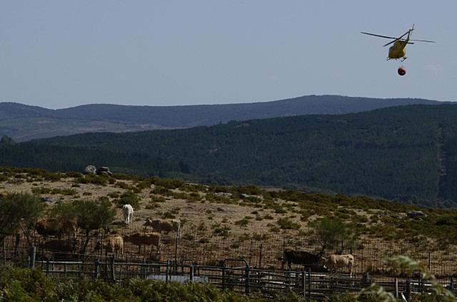 Un helicóptero en labores de extinción de un fuego en Ourense
