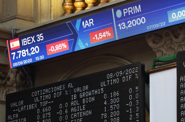 Un panel del Ibex 35 el día en que el Banco Internacional Europeo (BCE) debate subir tipos en 75 puntos básicos, en el Palacio de la Bolsa, a 8 de septiembre de 2022, en Madrid (España). El consejo de gobierno del BCE se vuelve a reunir para aprobar un nu