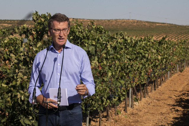 El presidente del PP, Alberto Núñez Feijóo, interviene durante su visita a un viñedo de denominación de origen Ribera del Duero en Roa, a 10 de septiembre de 2022, en Roa de Duero, Burgos, Castilla y León (España).