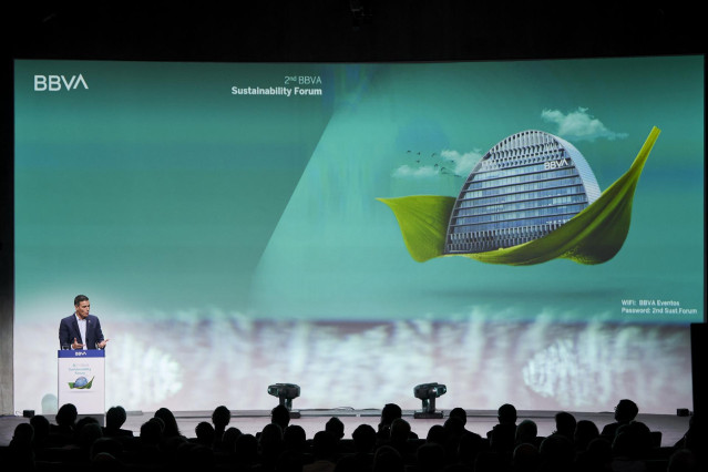 El presidente del Gobierno, Pedro Sánchez, interviene en la II edición del BBVA Sustainability Forum, en la Ciudad BBVA, a 15 de septiembre de 2022, en Madrid (España).