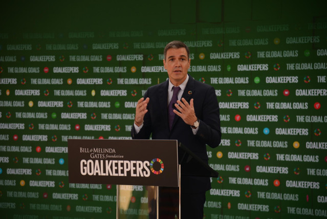 El presidente del Gobierno, Pedro Sánchez, interviene en el acto Goalkeepers de la Fundación Bill y Melinda Gates en el Jazz at Lincoln Center