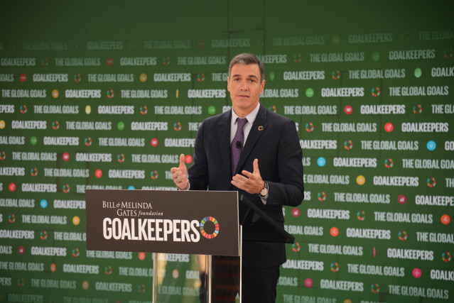 El presidente del Gobierno, Pedro Sánchez, interviene en el acto Goalkeepers de la Fundación Bill y Melinda Gates en el Jazz at Lincoln Center, a 21 de septiembre de 2022, en Nueva York (Estados Unidos).