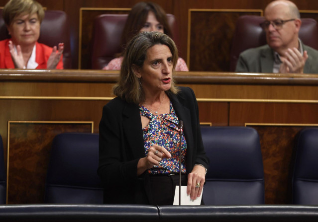 La vicepresidenta del Gobierno y ministra para la Transición Ecológica y el Reto Demográfico, Teresa Ribera, interviene durante una sesión plenaria, a 28 de septiembre de 2022, en Madrid (España). Durante la sesión plenaria se ha debatido la convalidación