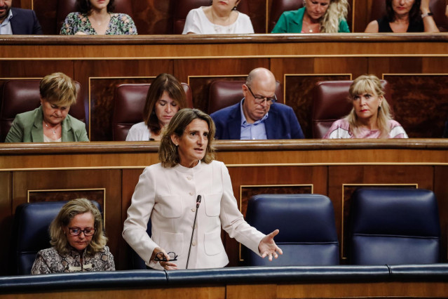 La vicepresidenta tercera y ministra para la Transición Ecológica, Teresa Ribera, interviene durante una sesión plenaria en el Congreso de los Diputados, a 14 de septiembre de 2022, en Madrid (España). El pleno aprobó ayer iniciar la tramitación de la ref