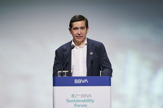 El presidente del BBVA, Carlos Torres Vila, interviene en la II edición del BBVA Sustainability Forum, en la Ciudad BBVA, a 15 de septiembre de 2022, en Madrid.