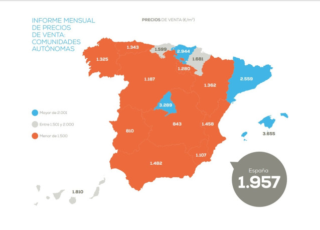 Informe mensual de precios de venta por Comunidades Autónomas de Pisos.Com