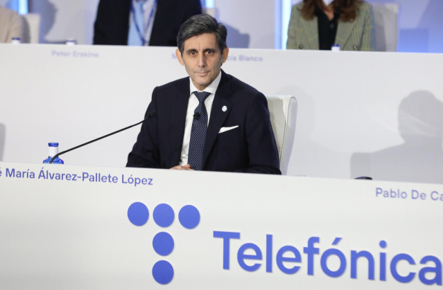 Archivo - El presidente de Telefónica, José María Álvarez-Pallete, durante la Junta General de Accionistas de Telefónica S.A., en el Edificio Central del Distrito Telefónica, a 8 de abril de 2022, en Madrid (España).