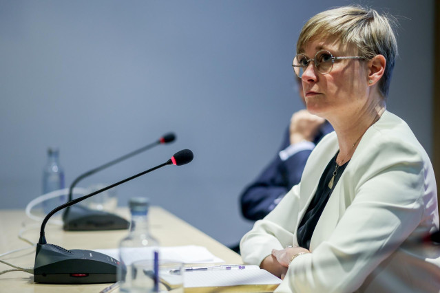 La CEO de Iberboard y vicepresidenta de la patronal catalana Foment del Treball, Virginia Guinda, interviene durante la presentación de su candidatura a la presidencia de la Confederación Española de Organizaciones Empresariales (CEOE) en la sede de Acoge