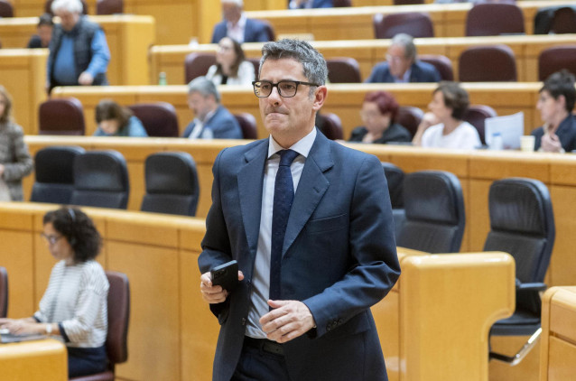 El ministro de la Presidencia, Relaciones con las Cortes y Memoria Democrática, Félix Bolaños, en una sesión de control al Gobierno en el Senado.