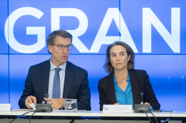 El presidente del PP, Alberto Núñez Feijóo, y la secretaria general del PP, Cuca Gamarra, ofrecen una rueda de prensa tras presidir la reunión del Comité Ejecutivo Nacional del PP, en la sede nacional del PP, a 14 de noviembre de 2022,