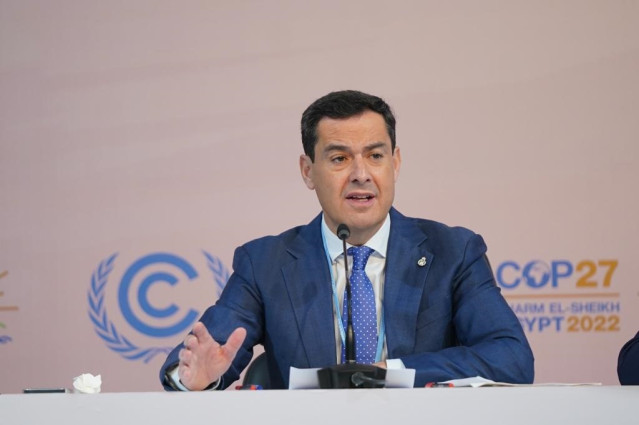Juanma Moreno, este miércoles en rueda de prensa desde la sede de la COP27