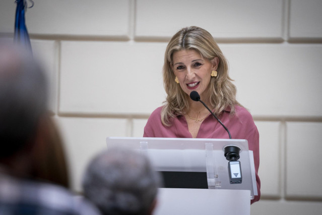 La vicepresidenta segunda y ministra de Trabajo, Yolanda Díaz, interviene en la presentación del Convenio para la investigación eficaz de los delitos contra la vida, la salud y la integridad física de los trabajadores, a 22 de noviembre de 2022