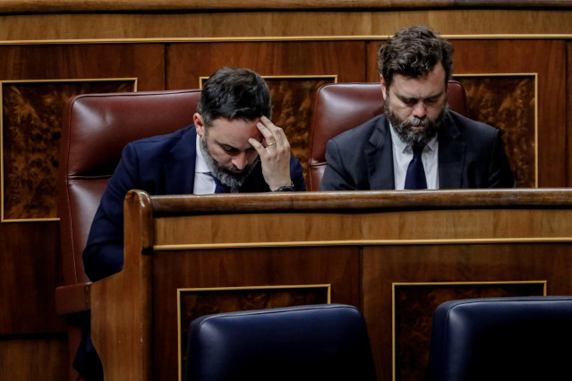 El líder de Vox, Santiago Abascal,  y el portavoz de Vox en el Congreso de los Diputados, Iván Espinosa de los Monteros