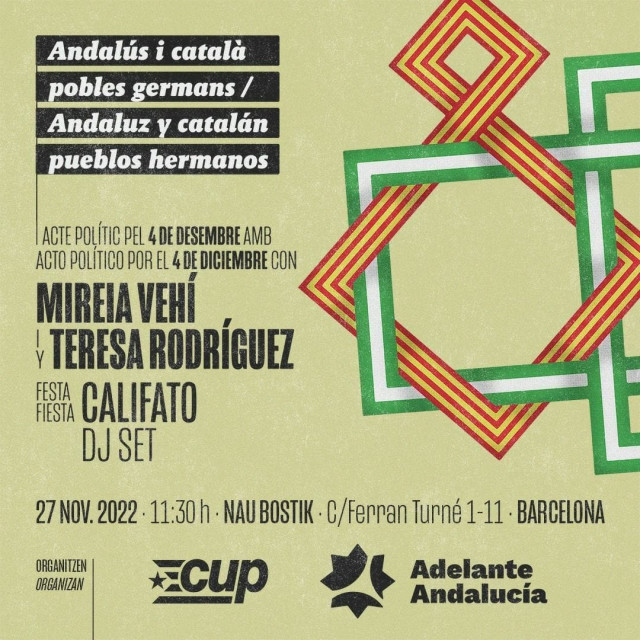 Cartel del acto que Adelante Andalucía organizará en Barcelona junto a la CUP a una semana del 4D.