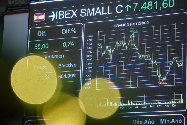 Un panel del Ibex 35 en el Palacio de la Bolsa, a 4  de enero de 2023, en Madrid (España).