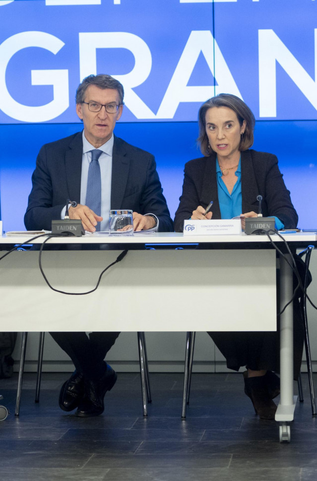 Archivo - El presidente del PP, Alberto Núñez Feijóo, y la secretaria general del PP, Cuca Gamarra, ofrecen una rueda de prensa tras presidir la reunión del Comité Ejecutivo Nacional del PP, en la sede nacional del PP, a 14 de noviembre de 2022, en Madrid