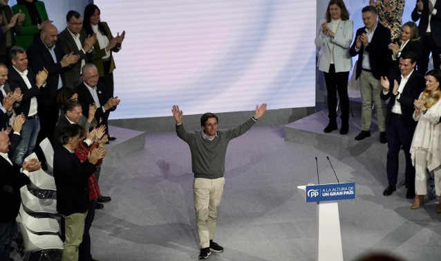 El alcalde de Madrid, José Luis Martínez-Almeida, durante la presentación de candidatos del PP en las disntitas capitales de España