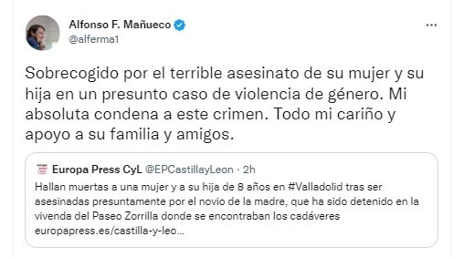 Captura del tuit de Mañueco en el que condena el 