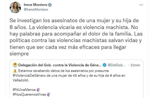 Captura del tuit de Irene Montero sobre los asesinatos de una mujer y su hija de 8 años este lunes en Valladolid