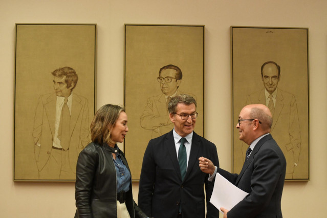 El presidente del Partido Popular, Alberto Núñez Feijóo (c), y la secretaria general del Partido Popular, Cuca Gamarra (i) durante la clausura de la jornada parlamentaria ‘Garantías del Estado de Derecho’, en el Congreso de los Diputados, a 23 de enero de