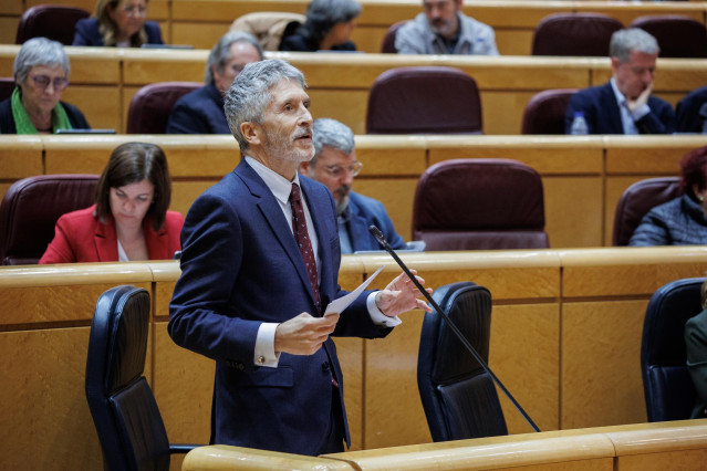 Archivo - El ministro del Interior, Fernando Grande-Marlaska, interviene durante una sesión de control al Gobierno en el Senado, a 22 de noviembre de 2022, en Madrid (España).
