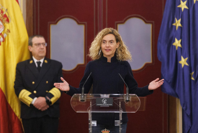 La presidenta del Congreso, Meritxell Batet, interviene durante el acto de entrega de los premios del concurso 'Una Constitución para todos', en el Congreso de los Diputados.