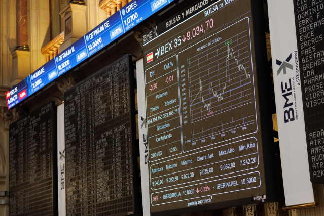 Un panel del Ibex 35 en el Palacio de la Bolsa, a 27 de enero de 2023, en Madrid (España). El Ibex 35 ha iniciado la sesión de hoy con una subida del 0,19%, lo que ha llevado al selectivo a situarse en los 9.052 enteros, en una jornada en la que los inver