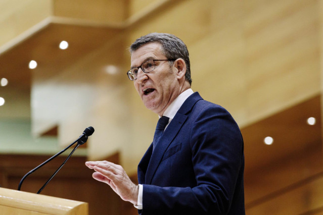 El líder del PP, Alberto Núñez Feijóo, comparece en un pleno del Senado, a 31 de enero de 2023, en Madrid (España). Esta comparecencia es la primera de este año que ha confrontado a Sánchez y al líder del PP, Alberto Núñez Feijóo.