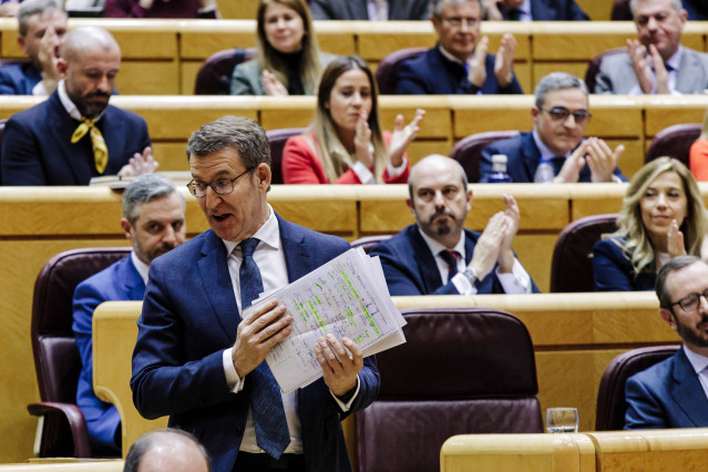 El líder del PP, Alberto Núñez Feijóo, en un pleno del Senado, a 31 de enero de 2023, en Madrid (España). Esta comparecencia es la primera de este año que ha confrontado a Sánchez y al líder del PP, Alberto Núñez Feijóo.