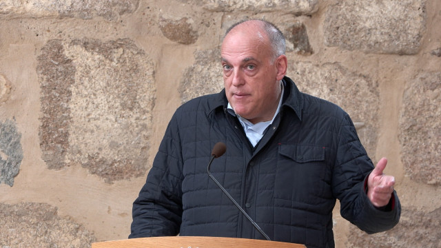 El presidente de La Liga, Javier Tebas, en rueda de prensa en Mérida
