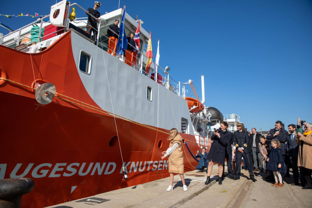 Bautizo del primer barco de bunkering de gas natural licuado (GNL), en la planta de regasificación de Enagás del Puerto de Barcelona, a 2 de febrero de 2023, en Barcelona, Catalunya (España).