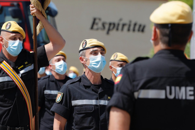Archivo - Oficiales del cuarto Batallón de Intervención en Emergencias (BIEM IV) y del destacamento del Grupo 43 del Ejército del Aire, en la Base Aérea de Zaragoza, a  2 de agosto de 2021, en Zaragoza, Aragón (España).
